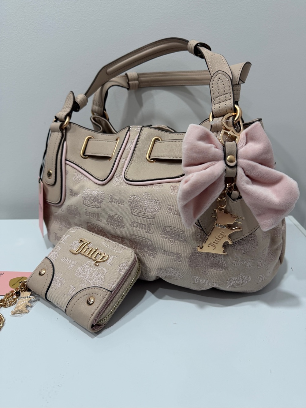 Juicy Couture Beige Satchel with Pink Bow Charm